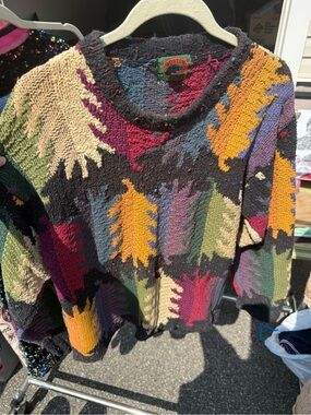 Boston Traders Black Speckled Knit Sweater with Burgundy, Tan & Blue Accents